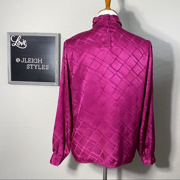 Vintage 80’s Raspberry Pleated Front High Neck Top Med - Picture 5 of 8